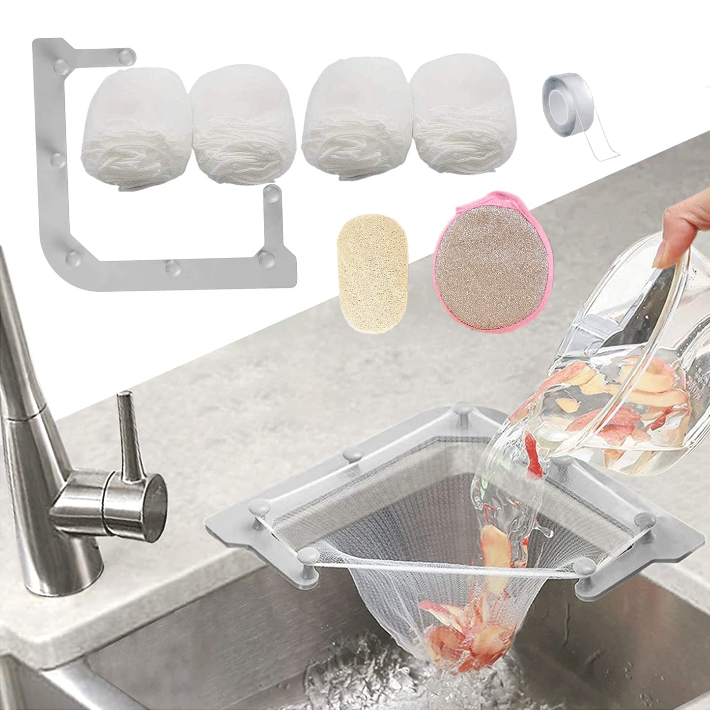 Kitchen Sink Triangle Tri-Holder Filter, Kitchen Sink Strainer, Sink Drain Strainer, with a Triangular Gray Rack and 200PCS Large Size Filtering Mesh
