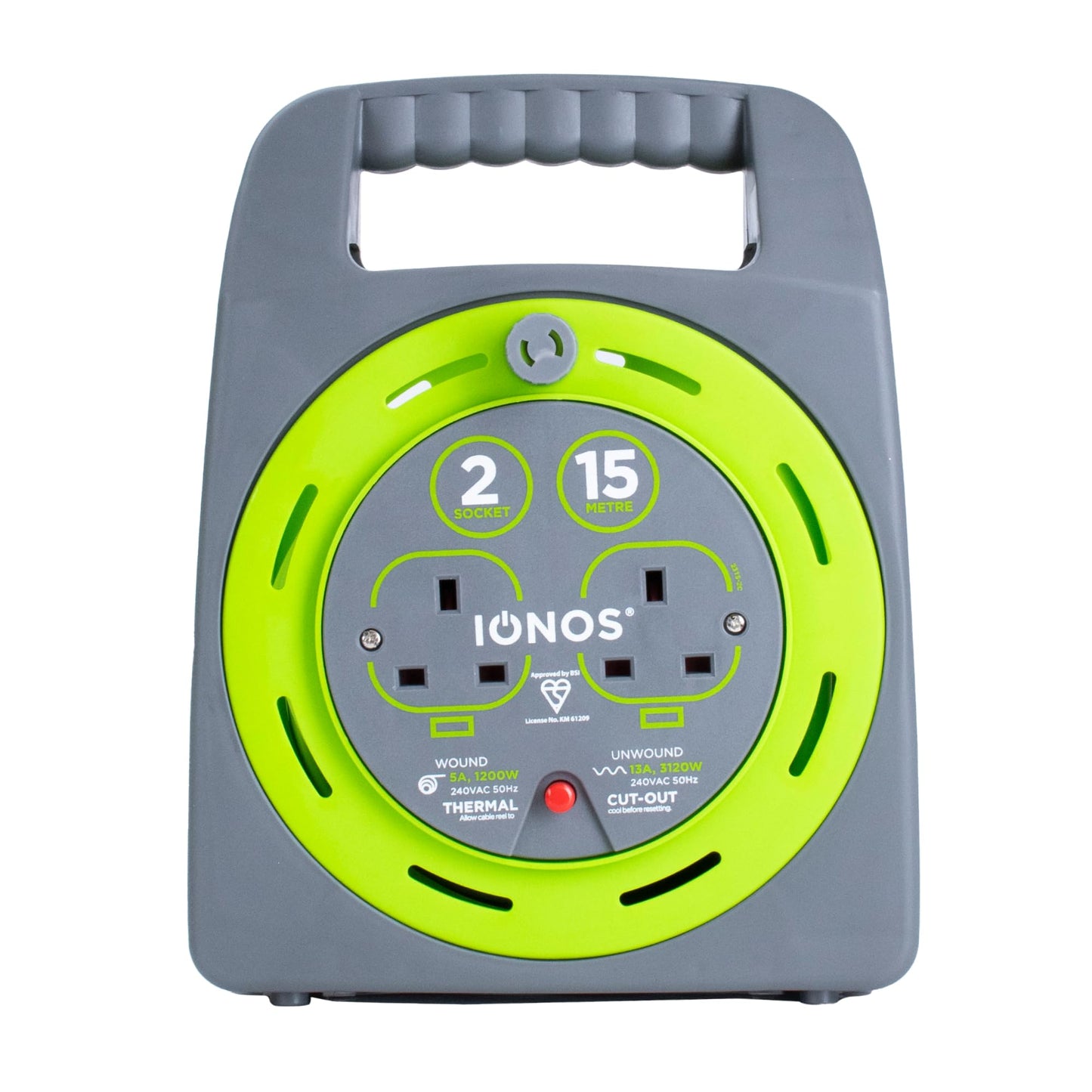 IONOS 2 Socket Cable Reel, 15m, Green, 13 Amp, Thermal Cut Out, Heavy Duty, Outdoor Extension Lead, Ideal for Garden, DIY, Workshop, Power Tools