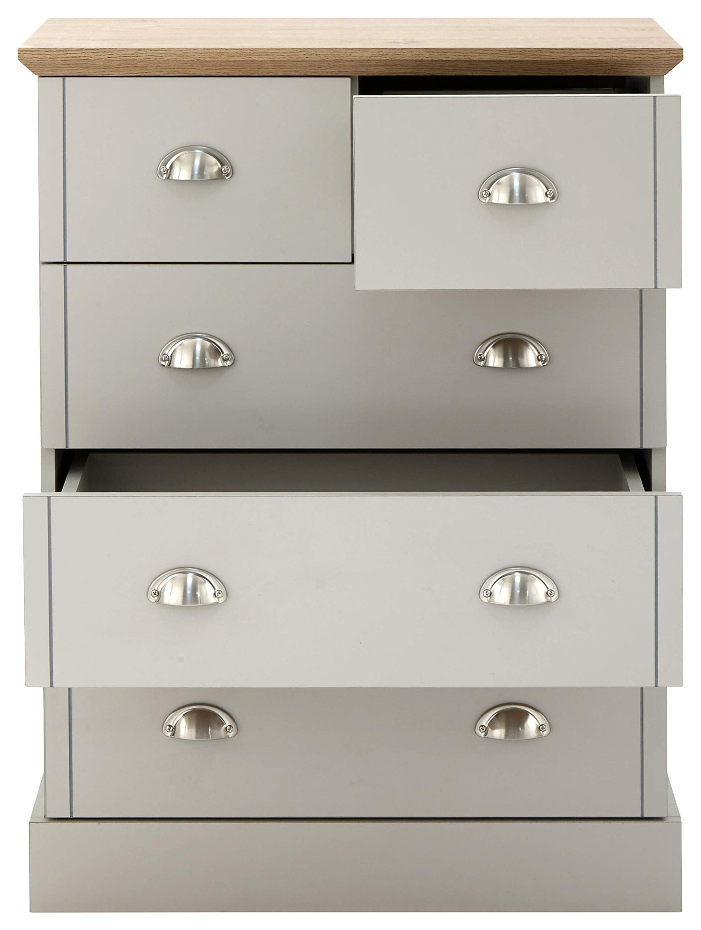GFW Kendal 2+3 Drawer Chest of Drawers, Light Grey and Oak Effect Bedroom Storage Unit, Country Style Chest with 5 Drawers