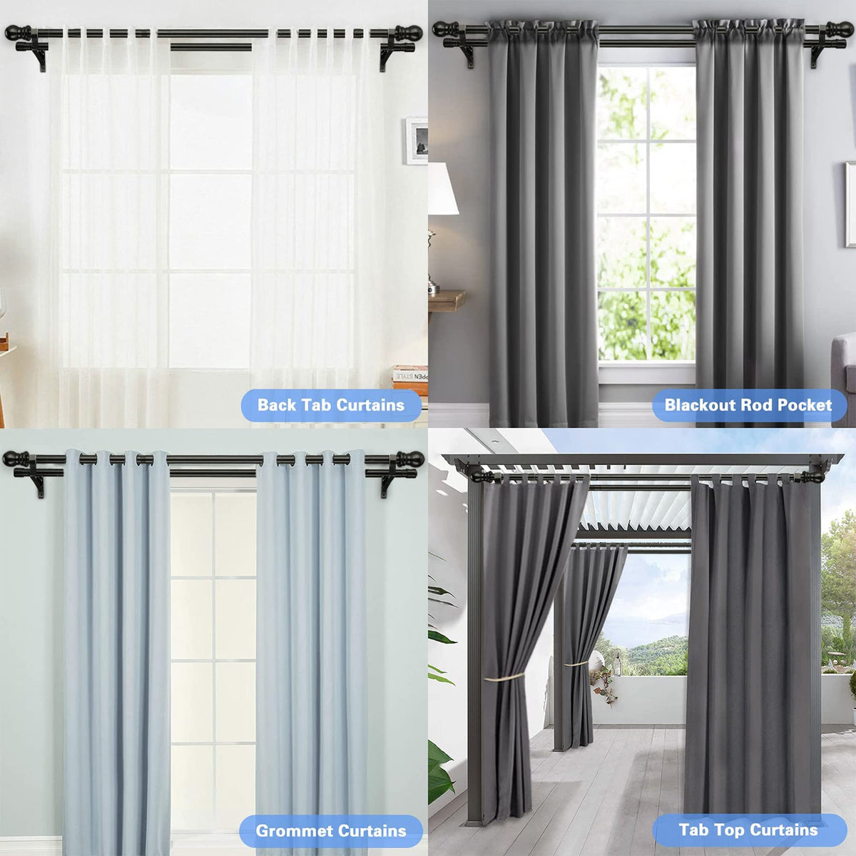 Harrms Double Curtain Pole - Black Extendable Metal Rod 76-332cm for Eyelet, Blackout, and Voile Curtains - Room Darkening