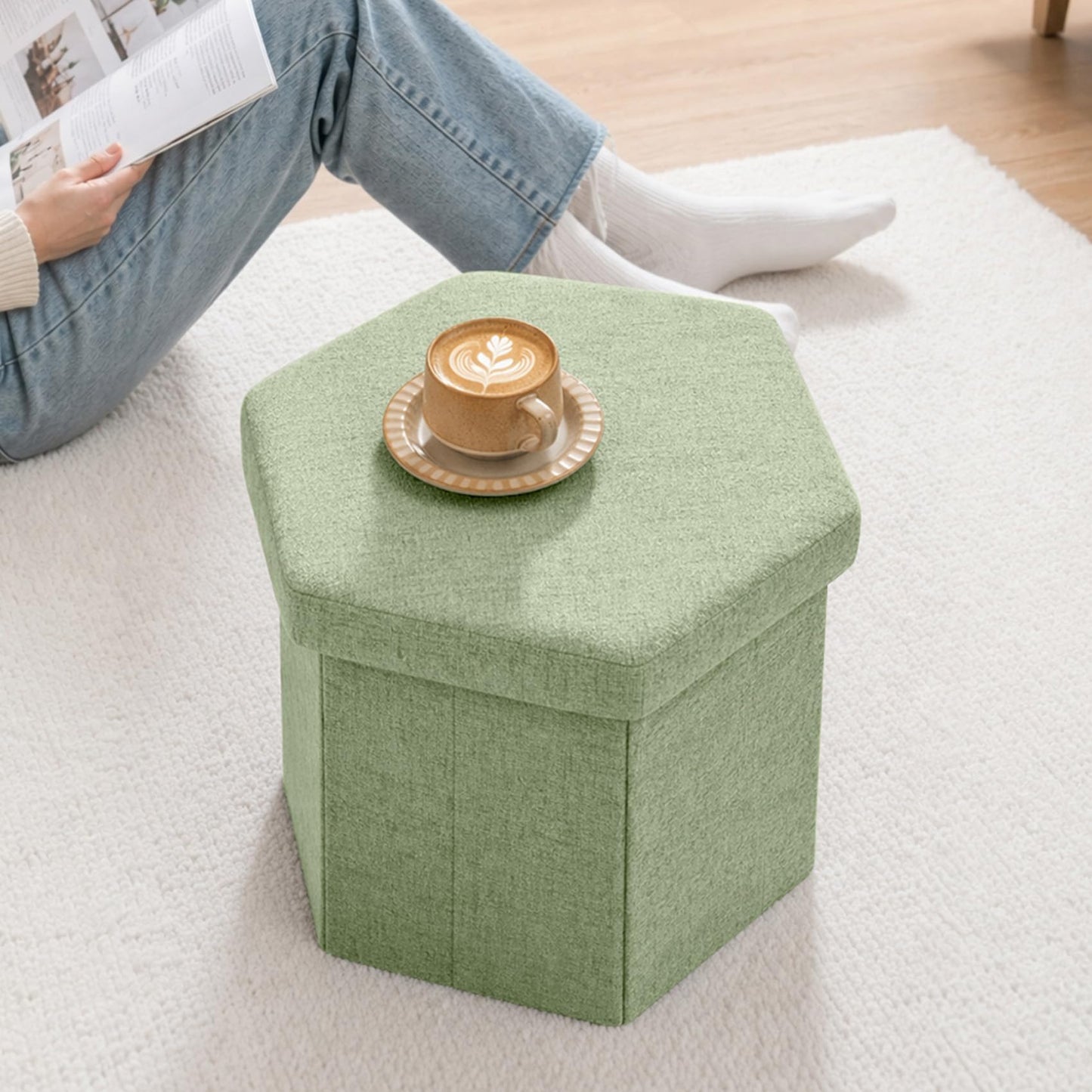Bonlife Folding Storage Ottoman Hexagonal, Footrest with Toy Ches Box, 43cm
