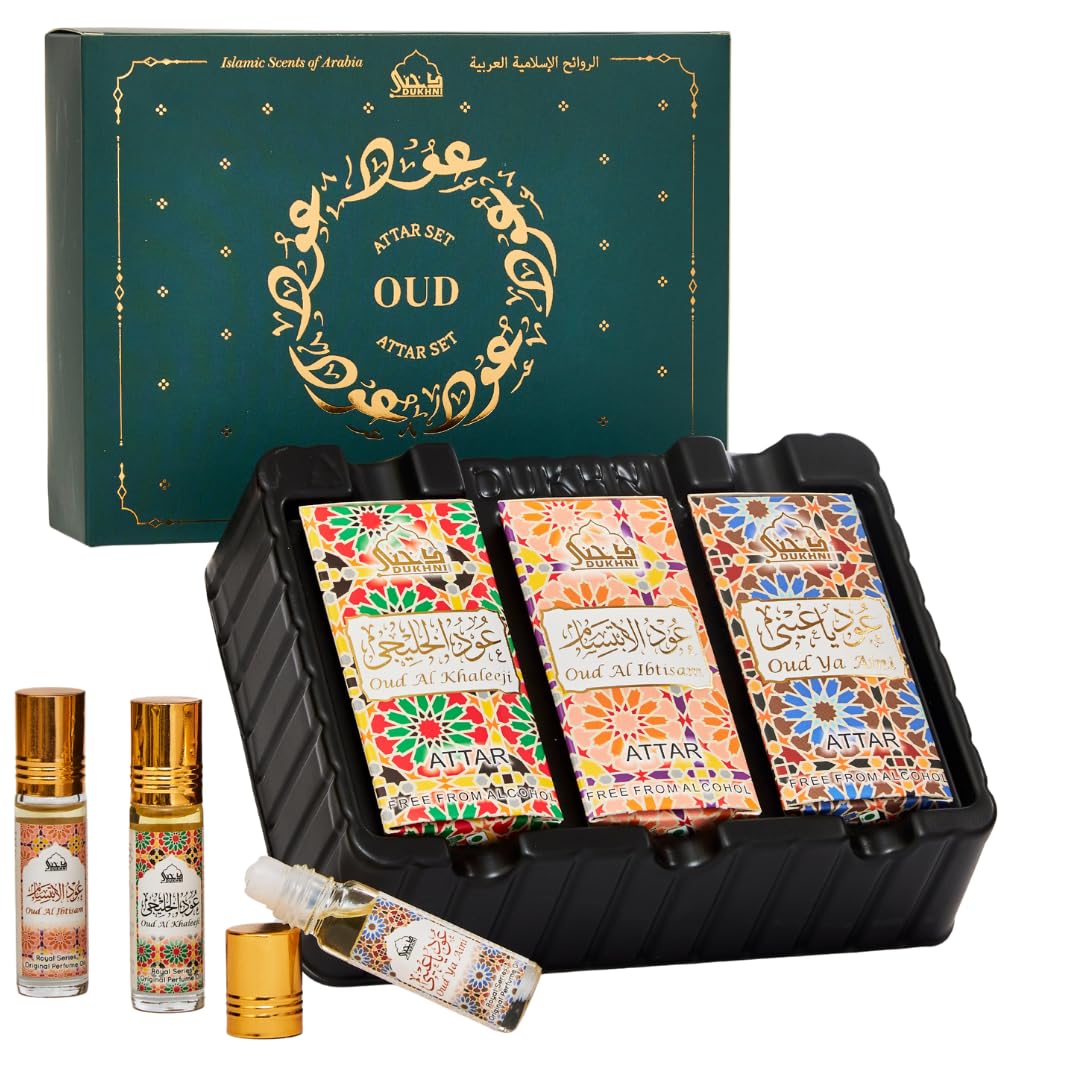Oud Attar Oil Set by Dukhni | Arab perfume oils for men and women | 3 assorted roll on perfume scents x 6ml | Arabic oudh oil fragrances | Eid,