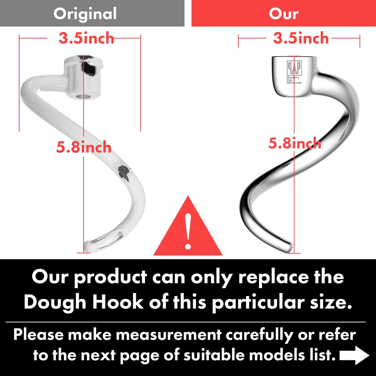 Stainless Steel Spiral Dough Hook Replacement for KitchenAid 4.5QT & 5QT Bowl Tilt-Head Stand Mixers, Rustproof & Easy Clean, Efficient Kneading for