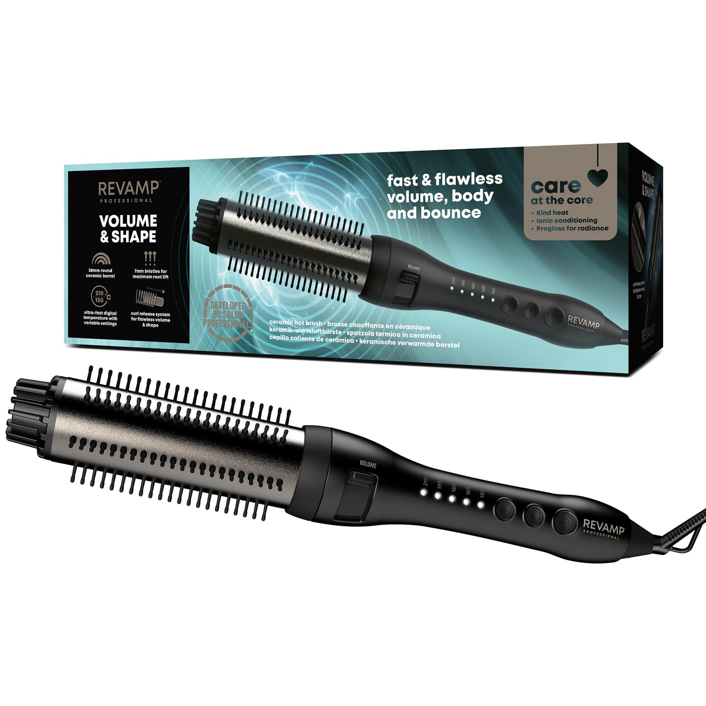 REVAMP Volume & Shape Ceramic Hot Brush for Hair Styling, 38mm Ceramic Barrel and Retracting Bristles, Adjustable Temperature, Automatic Shut-Off,