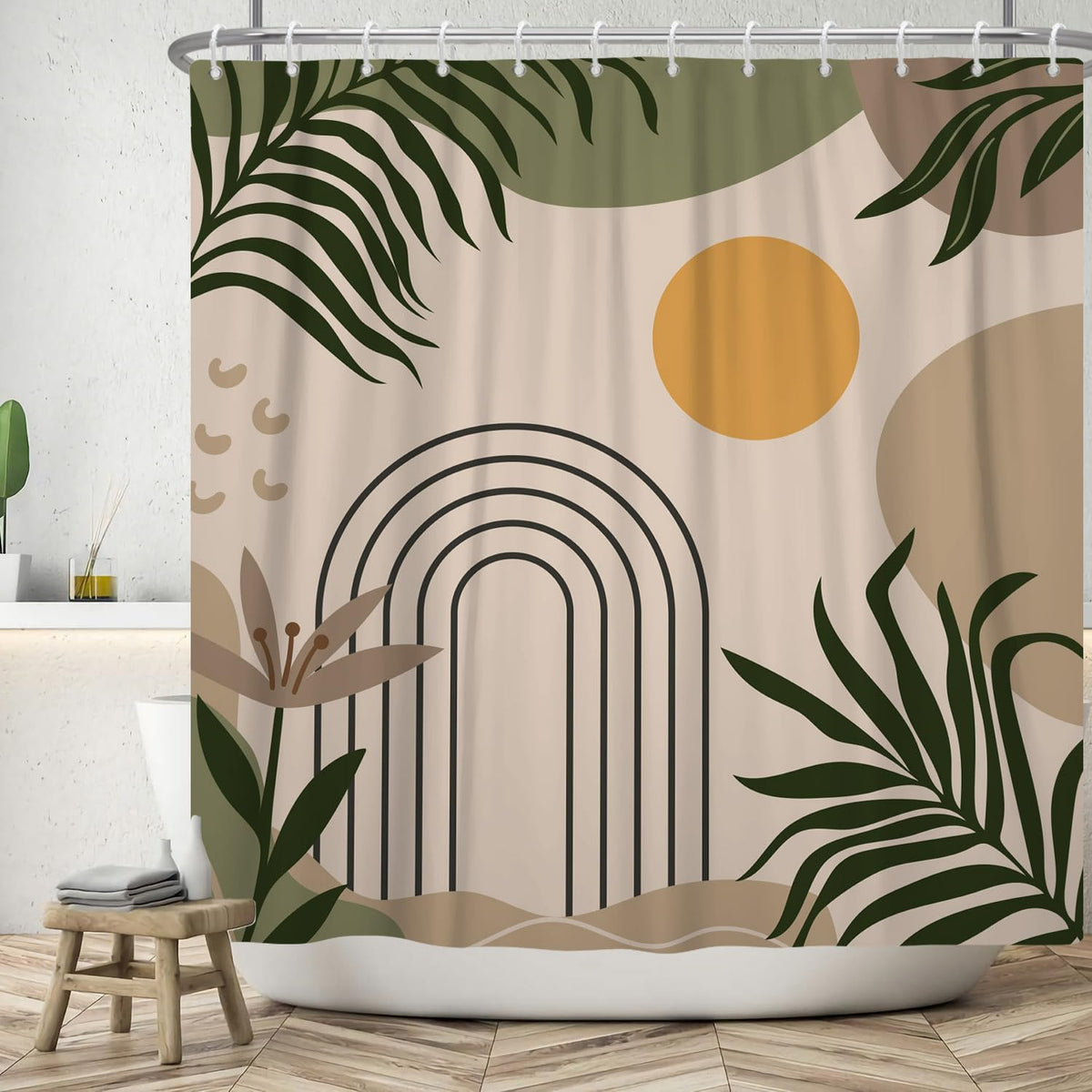 ASDCXZ Boho Shower Curtain 180x180 cm, Modern Abstract Boho Style Green Leaves Orange Sun Khaki Beige Bath Washable Shower Curtains Polyester Textile