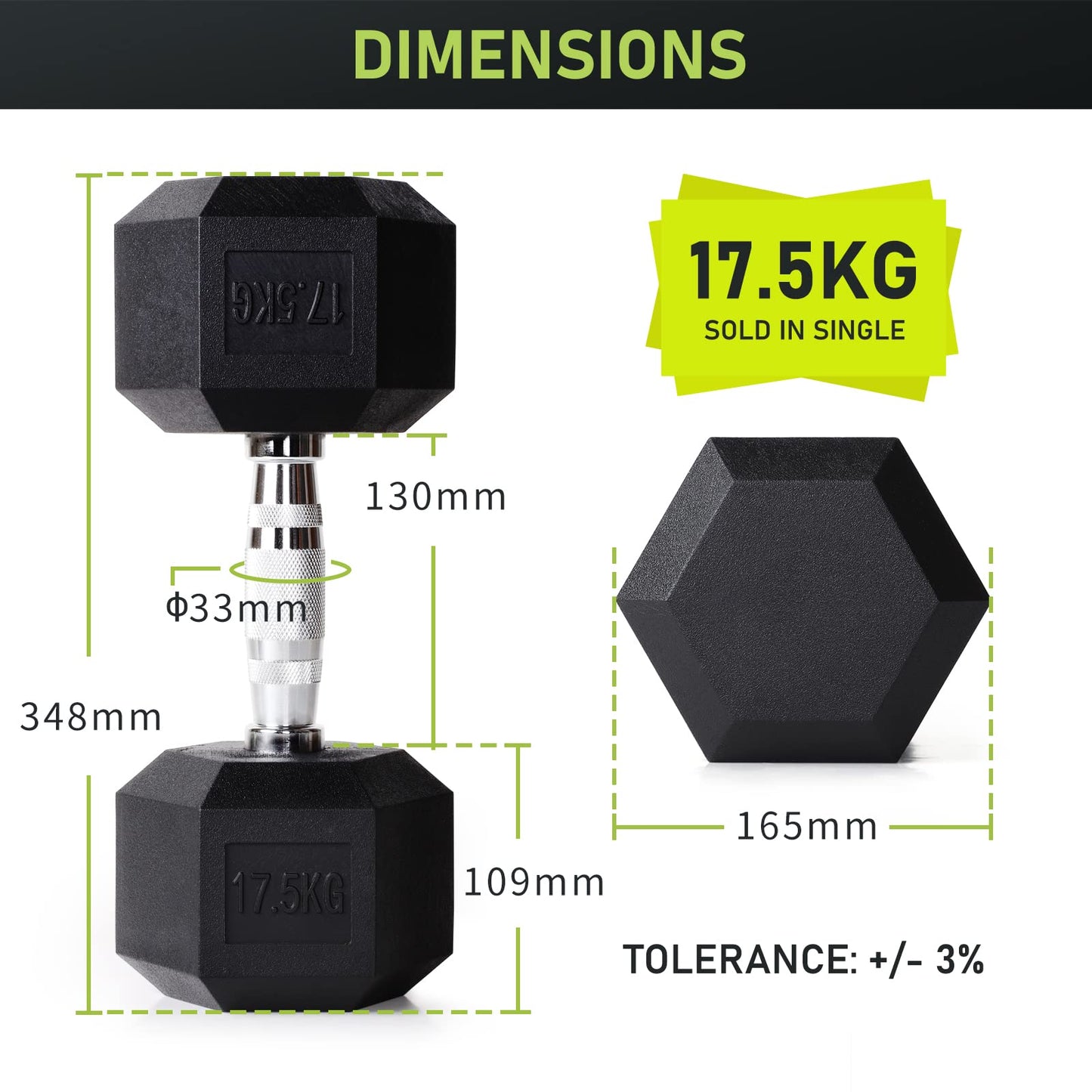 PhysKcal Hex Dumbbells Set 17.5kg Single, Odourless Poly Rubber Encased Dumbbells 2.5KG~20KG Pair or Single Home Gym Weights Set