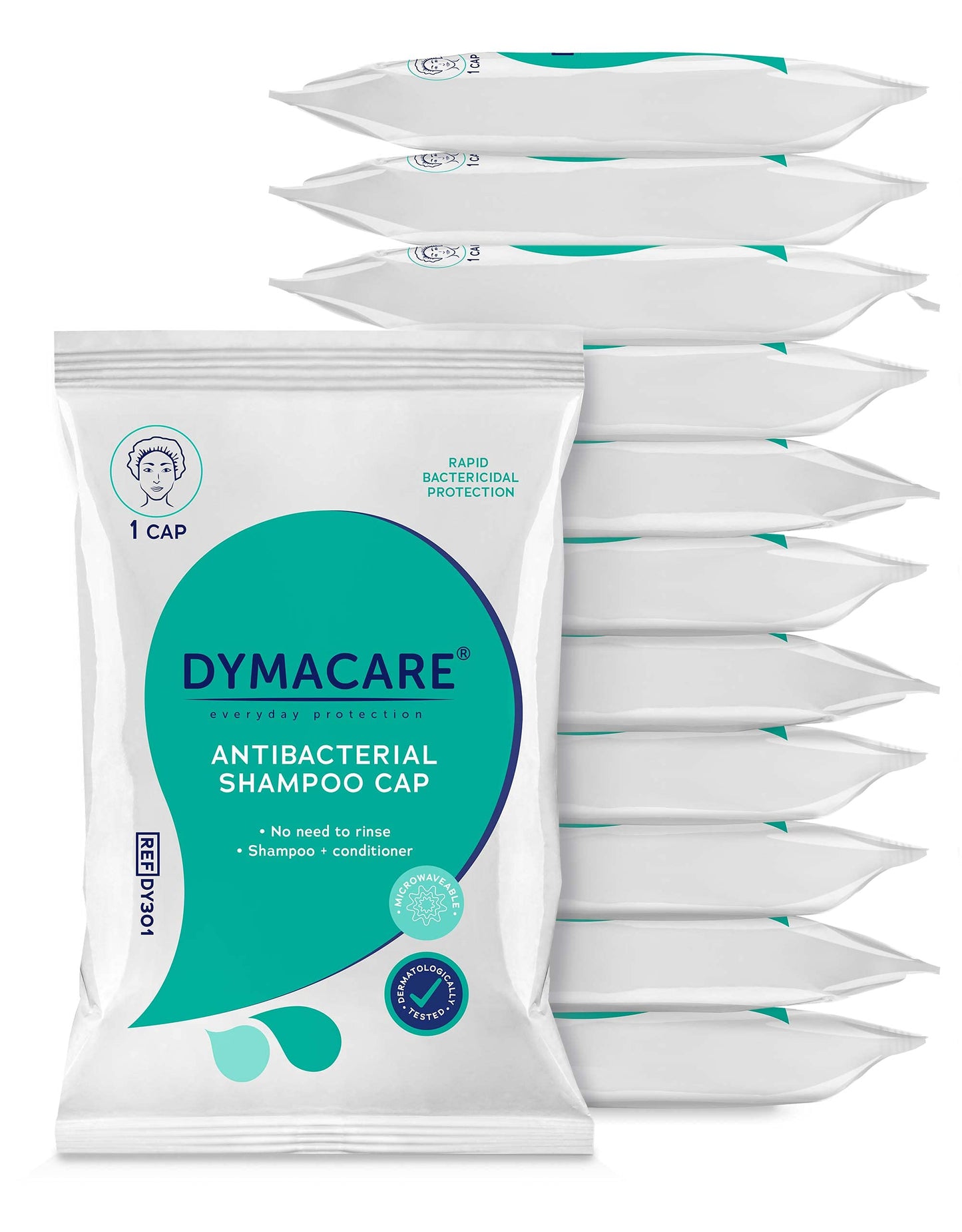 DYMACARE Antibacterial No Rinse Shampoo Cap | Rinse Free Shower Cap That Shampoos & Conditions | PH Balanced Waterless Hair Wash | 12 Caps