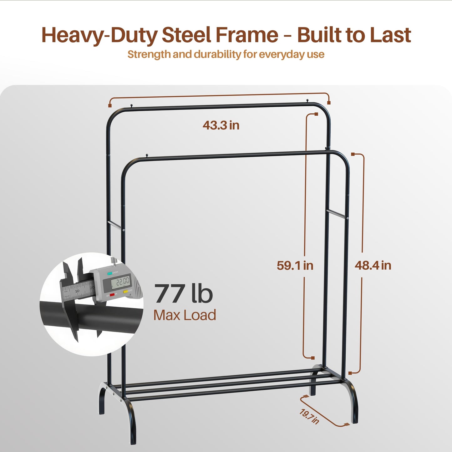 PORTENTUM Heavy duty clothes rail in steel – up to 35 kg – with double rail and shoe shelf – Clothing rack with non-slip feet