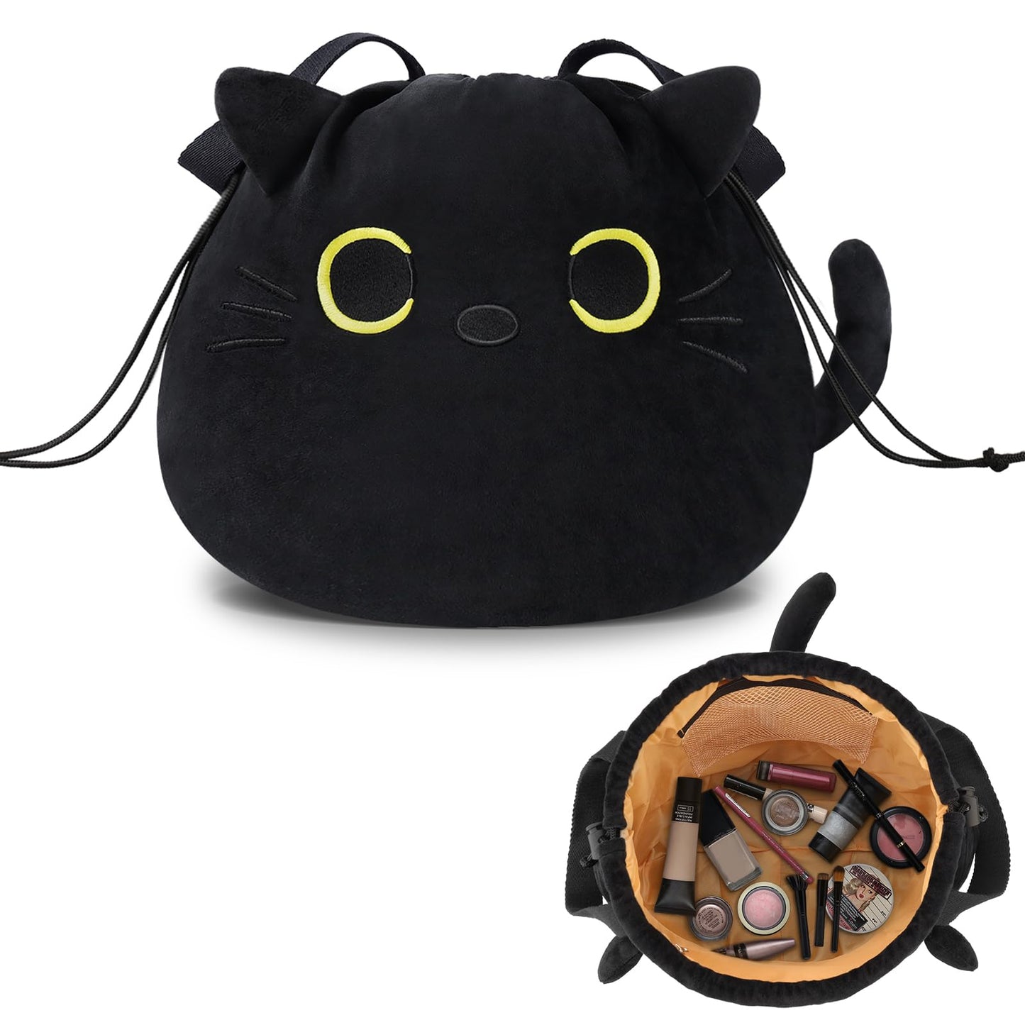 Funny Cat Drawstring Makeup Bag ? Large Flat Lay Cosmetic & Toiletry Pouch Organizer ? Cute Travel Bag for Women, Girls & Cat Lovers ? Fun Gifts for
