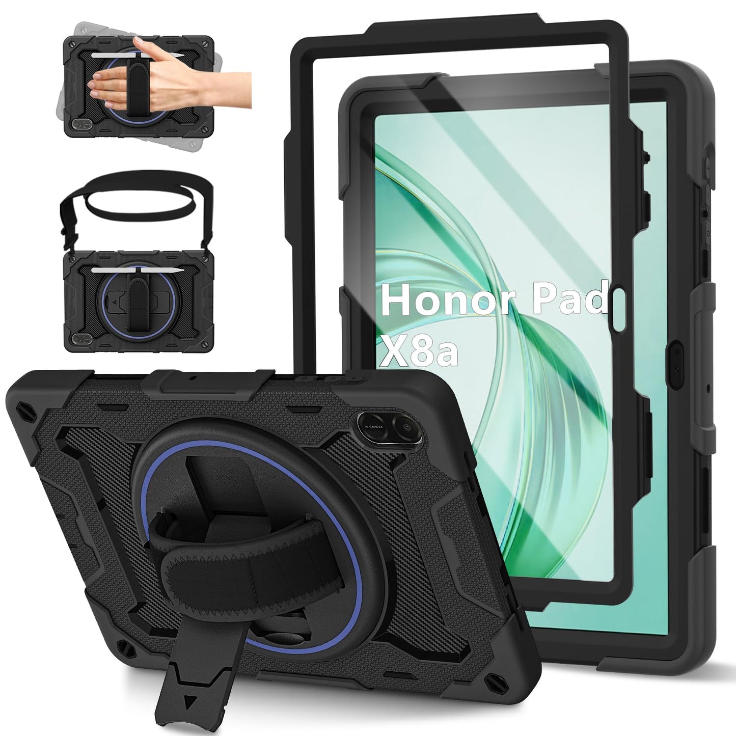 ROSROME for Honor Pad X8a Case 11 inch 2024 with HD Screen Protector, Shockproof Heavy Duty Cover with 360?Rotating Stand/Shoulder Strap/Hand