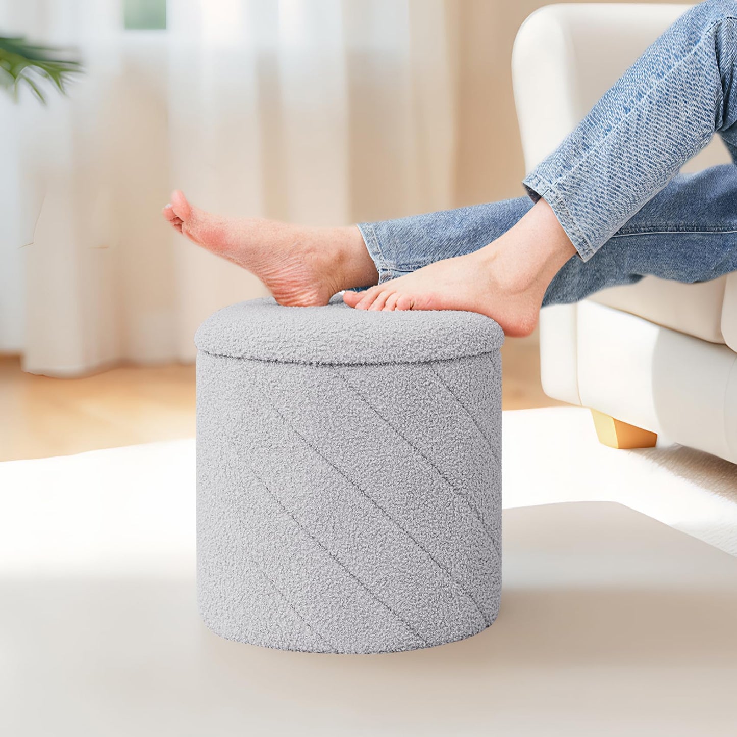 PINPLUS Round Ottoman Storage Box, Folding Stool, Grey, 33x33x35 cm