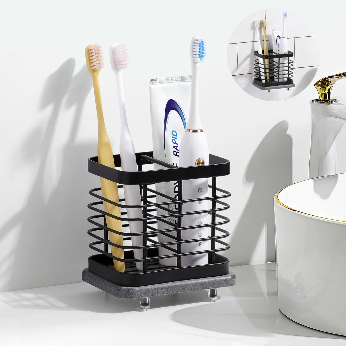 Shinowa Wall Mounted Toothbrush Holder, Stainless Steel Electric Toothbrush & Toothpaste Holder with Fast Dry Diatomaceous Tray, No Drilling Adhesive