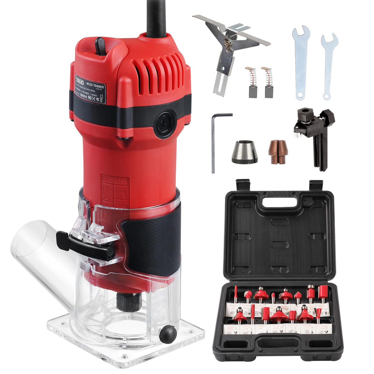 TEENO Compact Wood Router Tool, Electric Hand Wood Trimmer 800W 31000 RPM Hand Trim Router with 15 Pcs 1/4" Bits Set, Edge Guide, Roller Guide with