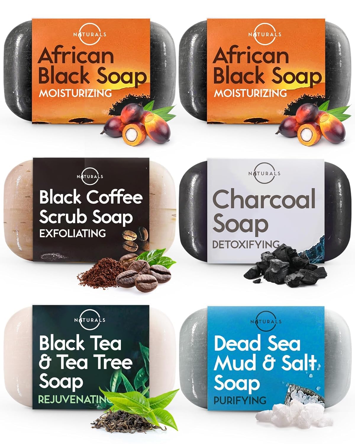 O Naturals Black Soap Bar Collection ? Natural Men?s & Women?s Soap for Face and Body, Moisturizing Black Soap Bar for Cleansing, 6 Pack