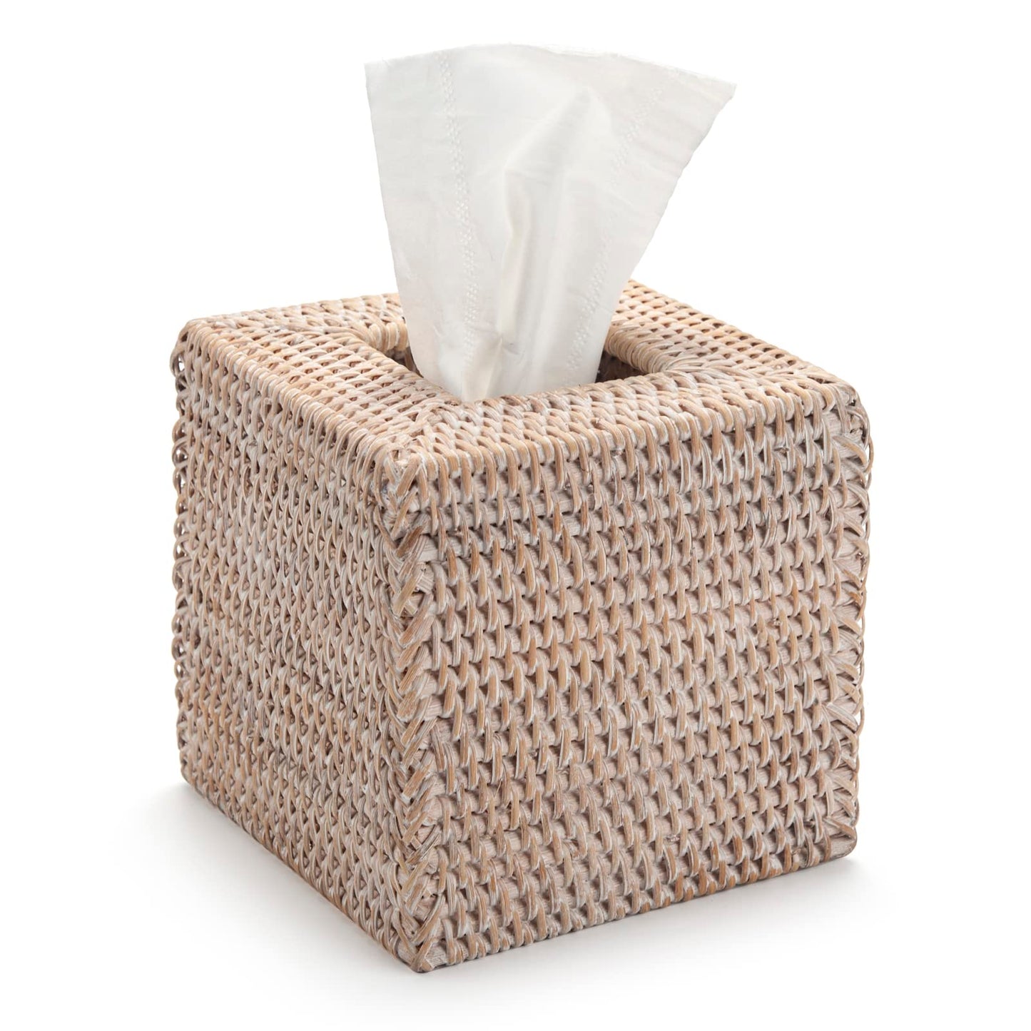 Rattan Tissue Box Cover Napkin Holder for Home Office Car Honey Brown (White, 14x14x15cm)