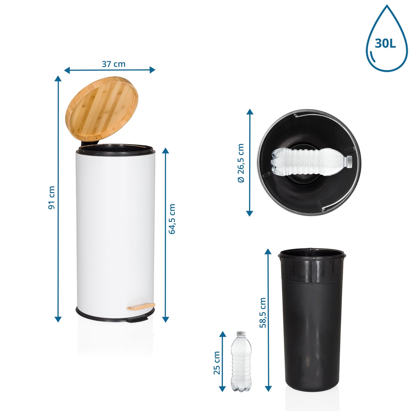 hjh OFFICE waste garbage can 30 liters, pedal bin with bamboo lid, softclose CLEAN BAMBOO metal waste garbage can with inner bin, white matt