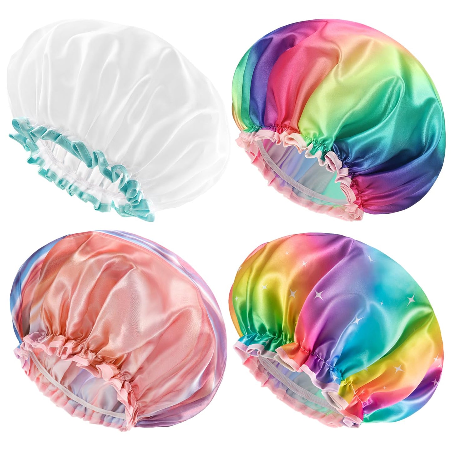 mikimini 4 Pack XL Shower Cap for Girls and Women, Mixed 4 Colors Sparkle Rainbow Stylish Shower Caps with Lace, Reusable Waterproof Bathing Shower