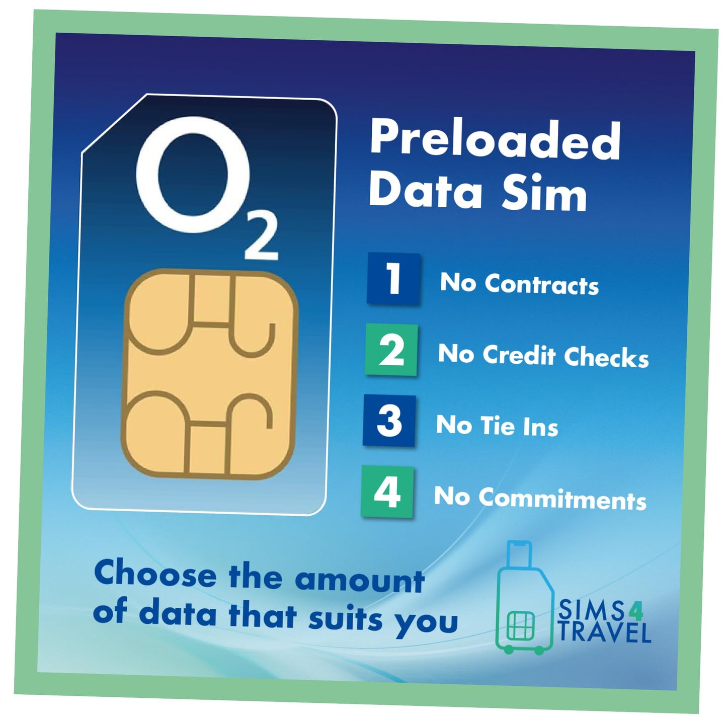 O2 Data Sim Card Preloaded with UNLIMITED 4G/5G Data. Includes 25GB to Roam for Free in 47 Countries. No Contracts, No Commitments, No Credit Checks,