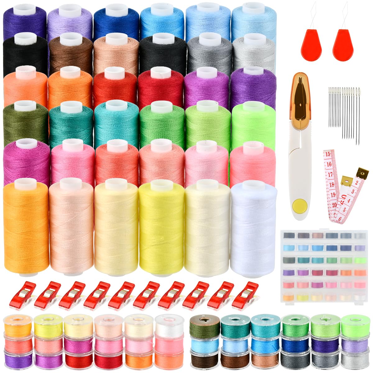700Yard Bobbins Sewing Thread Set 103PCS, 36Colors Polyester Sewing Thread Spools for Sewing Machine, Longer Prewound Sewing Machine Thread with