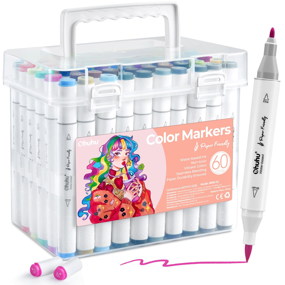 Ohuhu 60 Colours Water-Based Markers: Paper-Friendly Colouring Pens, Dual Tips Brush Pens for Adults Colouring Books, Art Markers for Adults Beginner,