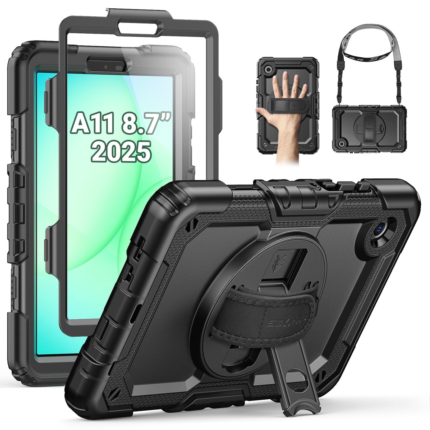 SEYMAC Case for Samsung Galaxy Tab A11 (2025) 8.7 inch, Shockproof with Screen Protector, Hand Strap & Rotating Stand, Shoulder Strap, Protective Case