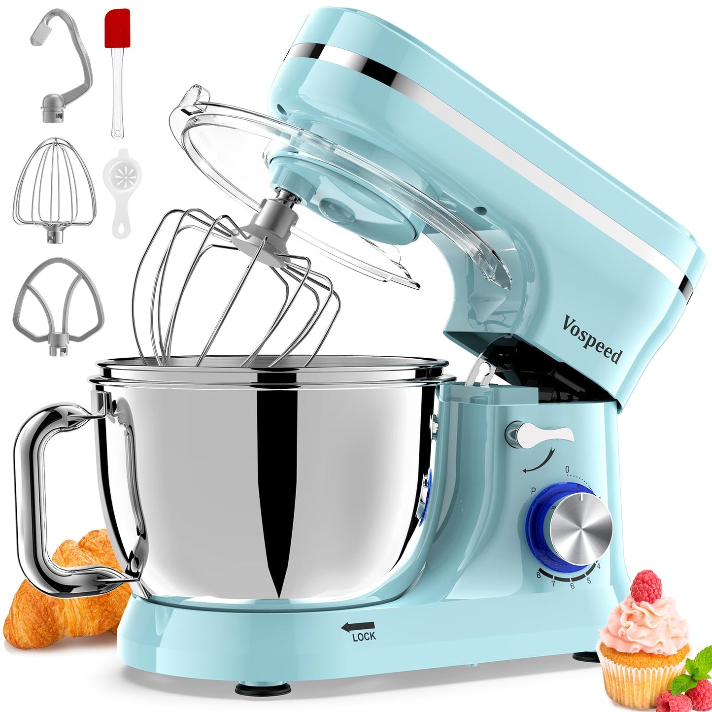Vospeed Stand Mixer, 4.5L+5L Bowls 8-speed 1000W Tilt-Head Food Mixer for Baking, Kitchen Electric Mixer with Dough Hook, Whisk, Beater, Splash Guard