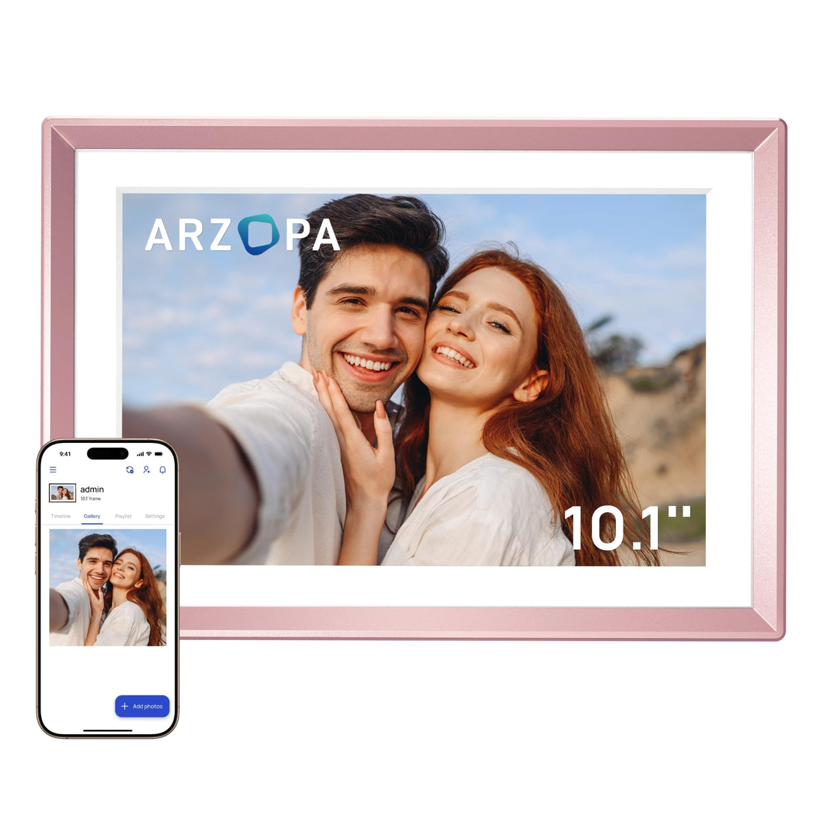 ARZOPA 10.1" Rose Gold Metal Digital Photo Frame Free Unlimited Cloud Storage for Photos & Videos, WiFi Digital Picture Frame Support Online/Offline