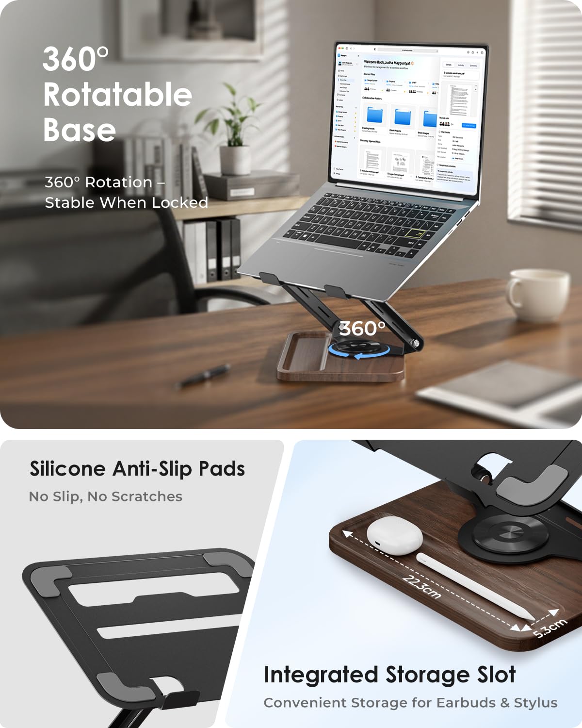 Viozon Laptop Stand for Desk, Height & Angle Adjustable, for 11~15.6" Laptop, Foldable, 360 Degree Rotate Base, Ventilation Cut-outs