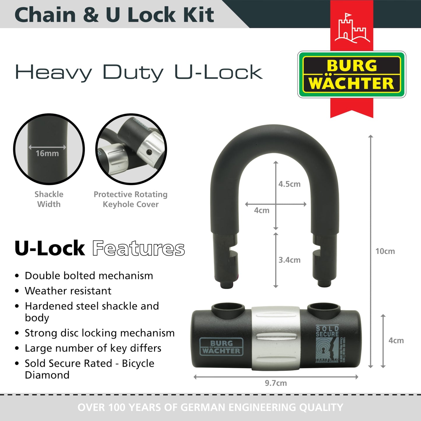 Burg-W?chter GKM10mm Duo Kit Sold Secure Diamond & Gold 10mm Keyed Alike Twin Pack, Black, 1M Chain, Lock & Ground Anchor