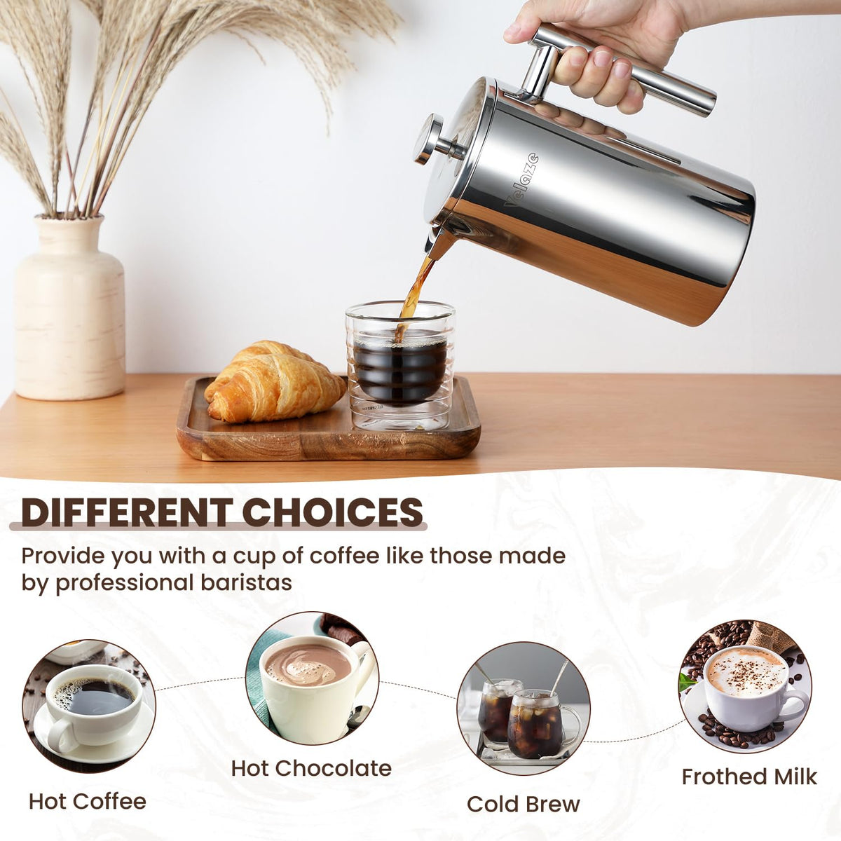 Velaze 1L / 35oz 8 Cups French Cafetiere Coffee Pot, French Press with Stainless steel,Double Wall Tea Maker, with 1 Coffee Spoon and 5pcs Additional