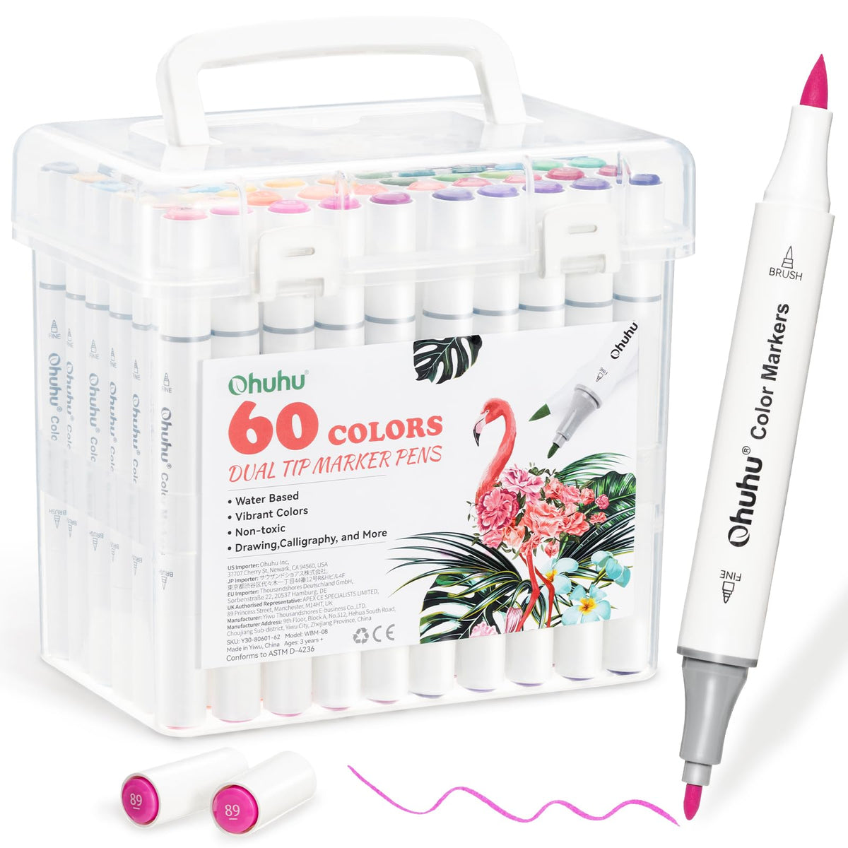 Ohuhu 60 Colours Water-Based Markers, Dual Tip Colouring Markers (Brush & Fine) for Adult Colouring Books, Odourless & Non-Toxic, Art Markers Ideal