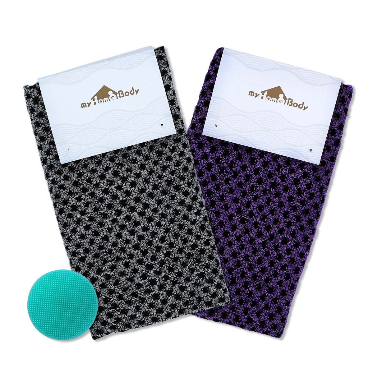 myHomeBody Extra Long Exfoliating Washcloth, Exfoliating Body Scrubber, Shower Towel, Long Bath Cloth, 3D Texture Obsidian and Raisin Dots, Set of 2