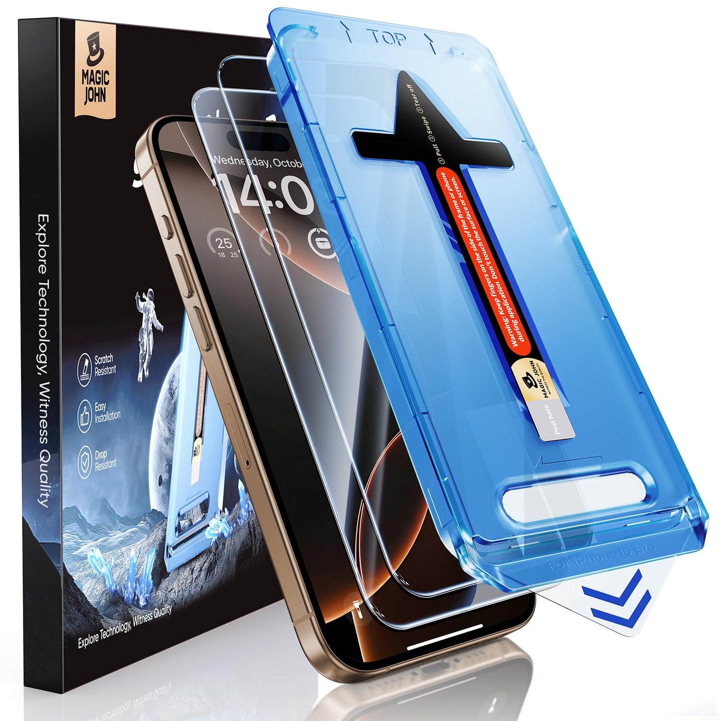 MAGIC JOHN 2 Pack for iPhone 16 Pro Tempered Glass Screen Protector 6.3 inch, Auto Dust-Elimination Installation, 9H+ Hardness Tempered Glass HD Clear