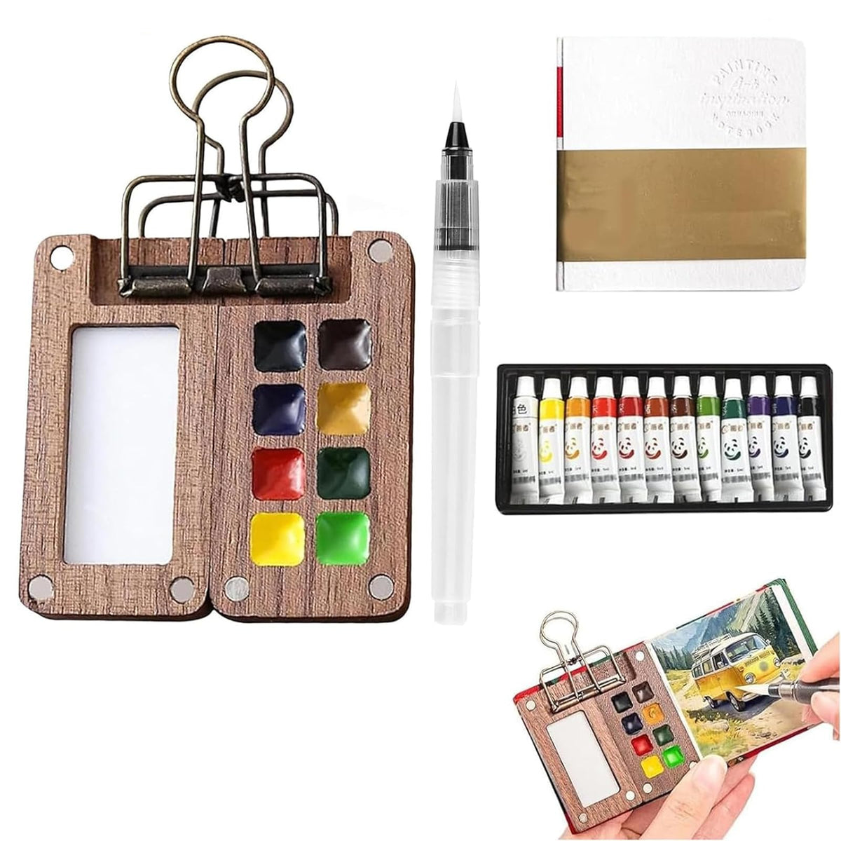Mini Watercolour Paint Set Travel, Portable Palette with 8 Grids, Pocket Artist Travel Watercolour Set with Metal Clip, 12 Colour Watercolour Painting