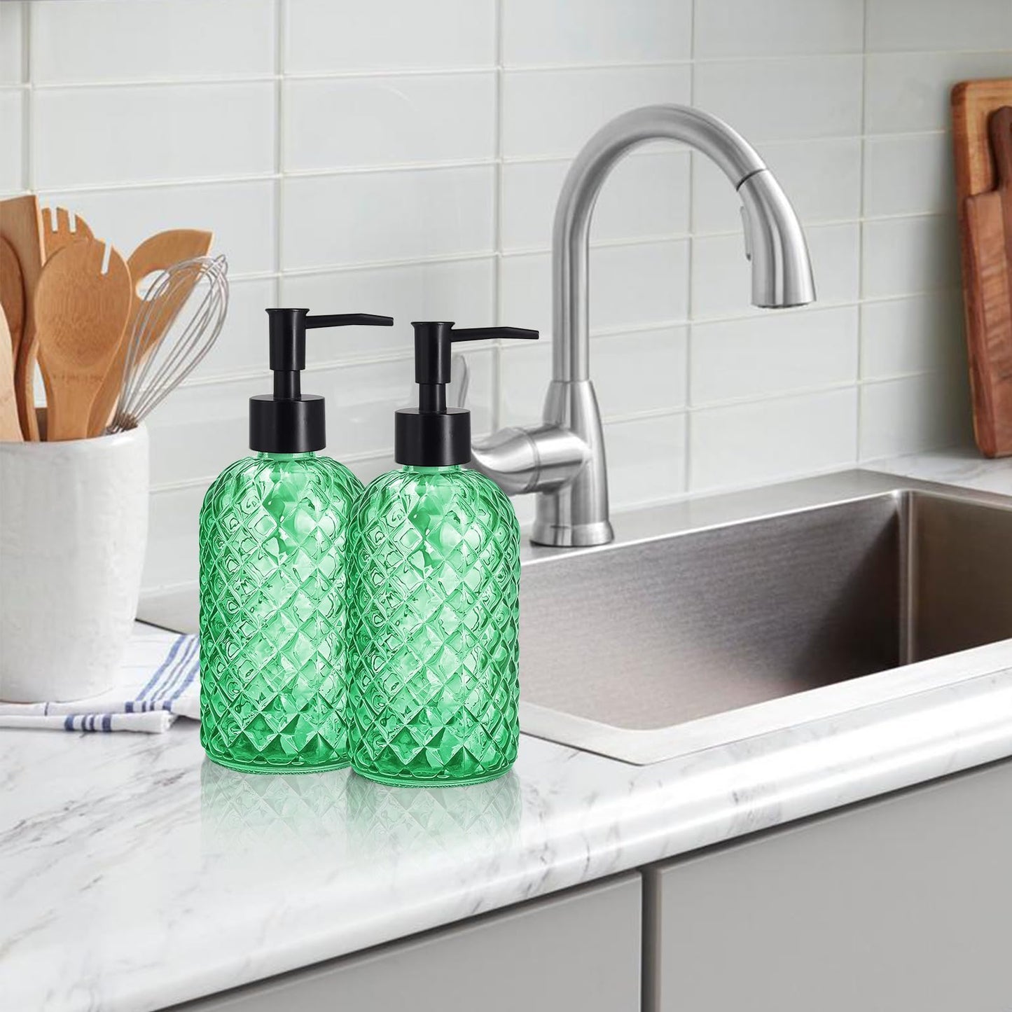Ulable Green Glass Soap Dispensers, 14OZ/400ML, Set of 2 Pump Bottles