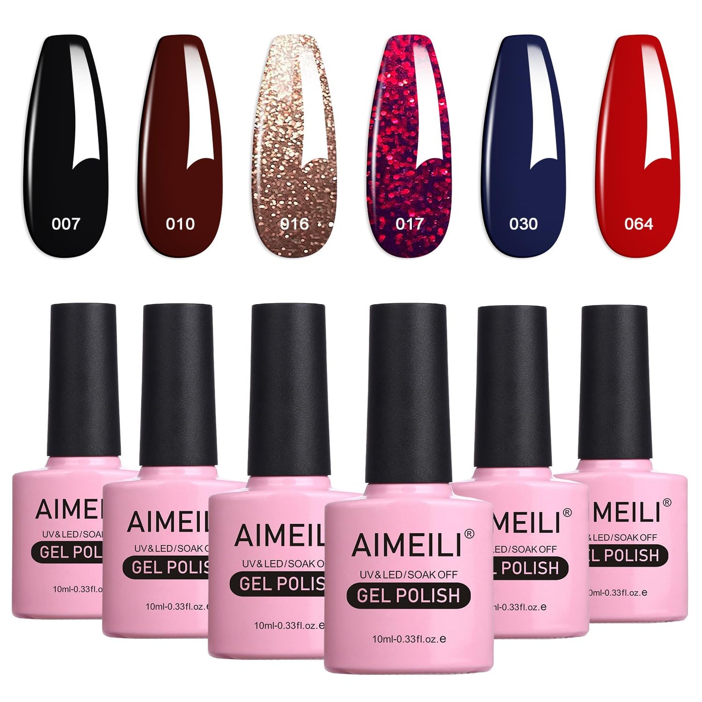 AIMEILI Gel Nail Polishes Red Black Glitter Gel Polish Set Soak Off UV LED Nail Salon Set Gel Varnish Manicure Set - Long Lasting & Easy to Apply 6pcs