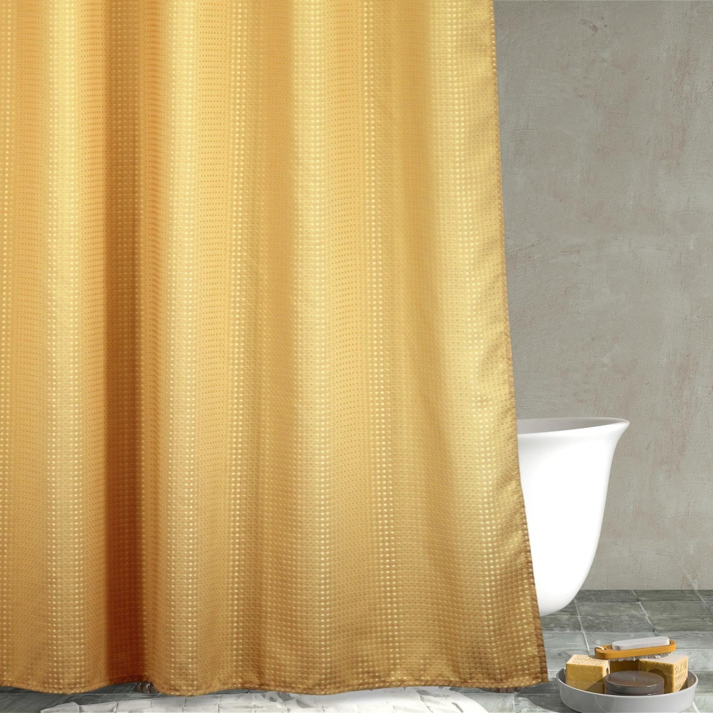 Popkozzi Yellow Gold Waffle Shower Curtain: Heavy Duty Textured Fabric Shower Curtains for Girls Bathroom - Water Repellent Washable Thick Polyester