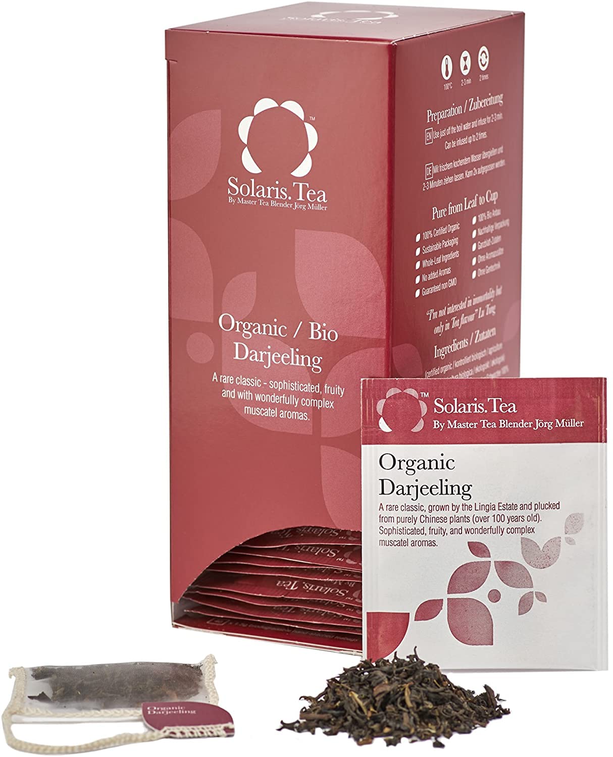 Solaris Tea - Organic Darjeeling Tea | 100% Organic Whole Leaf Tea | Certified Vegan | 40x Biodegradable Stitched Teabags, (1 x 60 g)