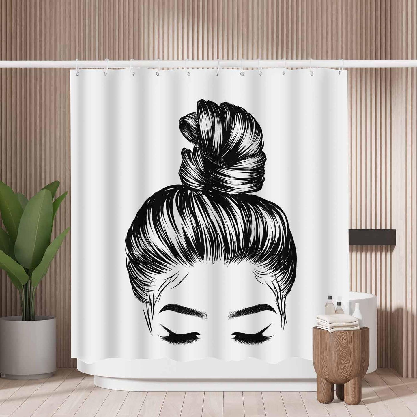 Woutay Shower Curtain Mould Proof Resistant Black Hand Draw Girl,Water Repellant Fabric,Polyester,with 12 Plastic Hooks,Size 180x180CM