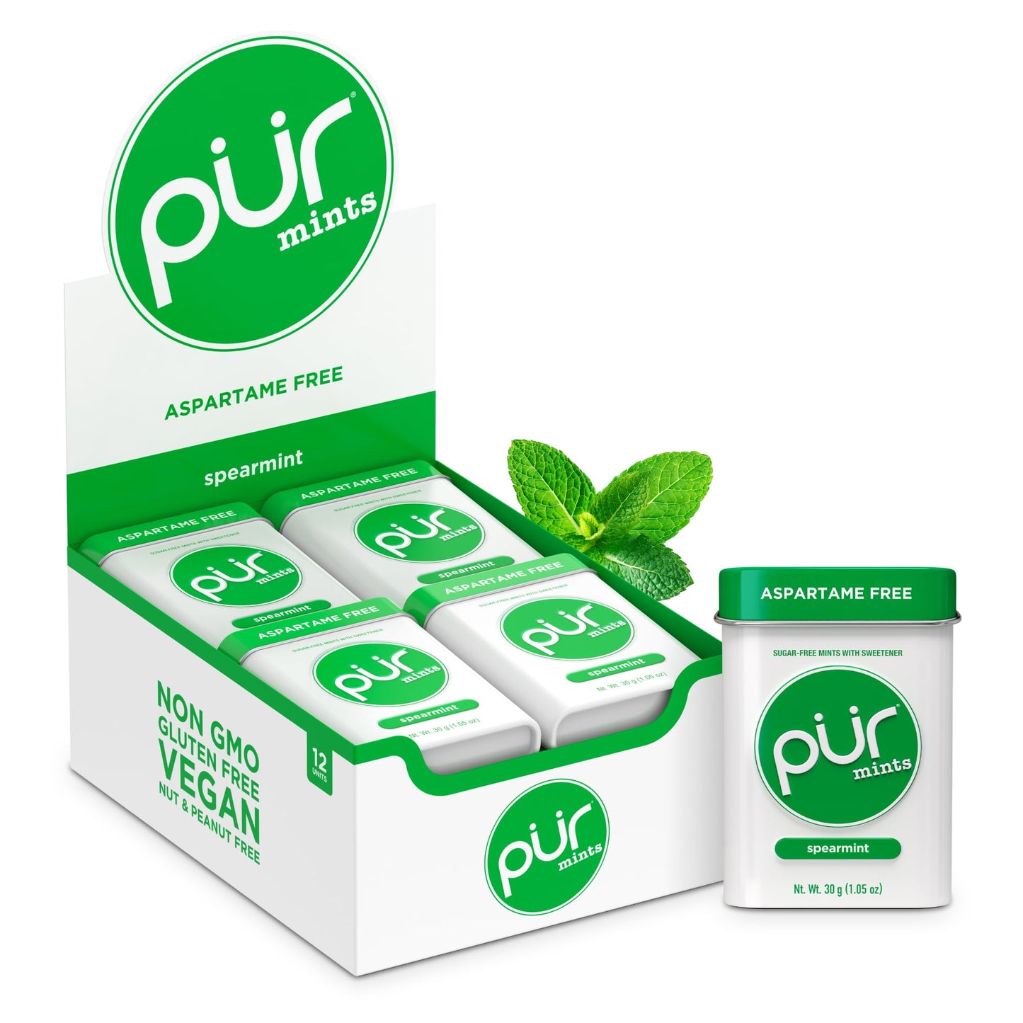 PUR Aspartame Free Mints, Made with Xylitol, Sugar Free, Vegan, Gluten Free and Keto Friendly, Natural Spearmint Flavoured Mints, 30 Pieces, Pack of