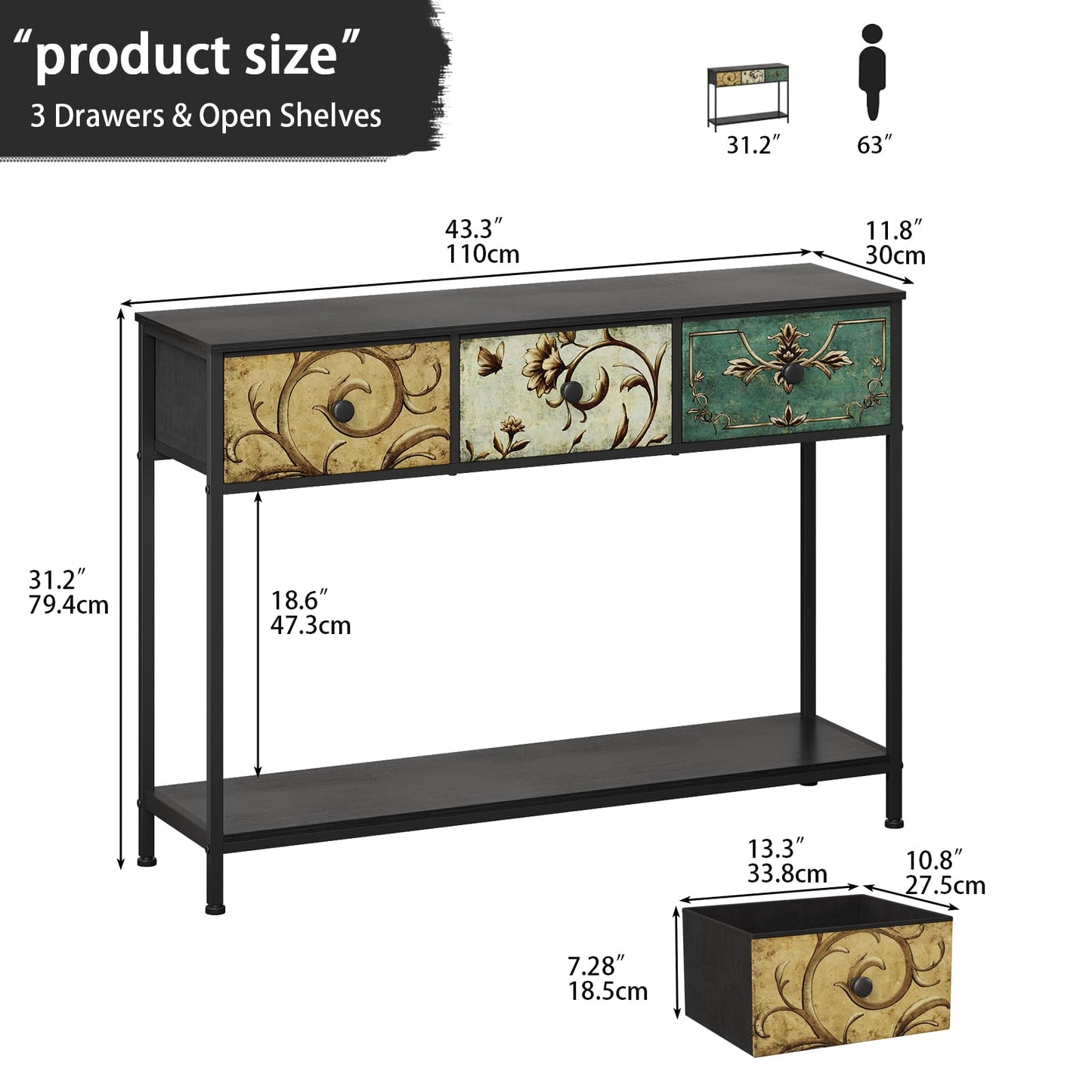 VEDECASA Console Table for Entryway with 3 Drawers Slim Hallway Table with Storage Shelf Narrow Long Sofa Table for Hallway Couch Living Room Kitchen