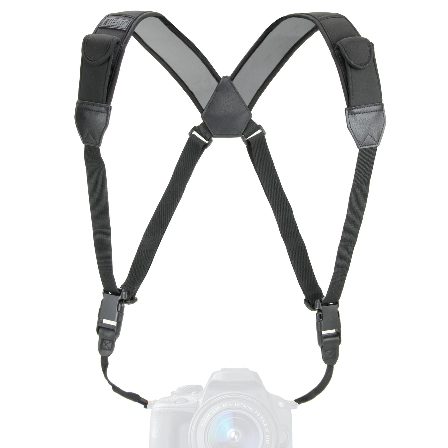 USA Gear DSLR Camera Strap Chest Harness with Quick Release Buckles, Black Neoprene Pattern and Accessory Pockets - Compatible with Canon, Nikon, Sony