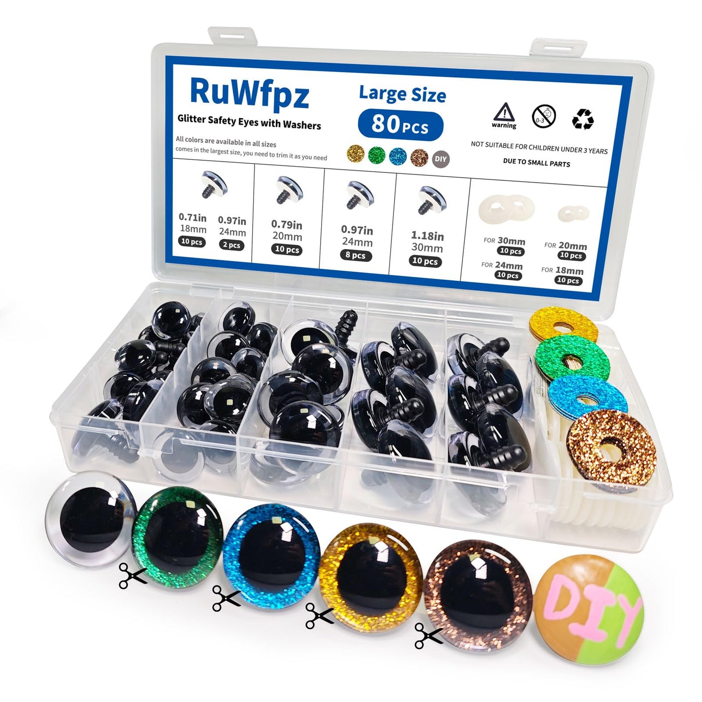 RuWfpz Glitter Safety Eyes for Crochet Toys Amigurumi - 18-30mm 4 Colors Doll Teddy Bear Eyes with Washers, 80Pcs 3D Crochet Clear Safety Eyes for Toy