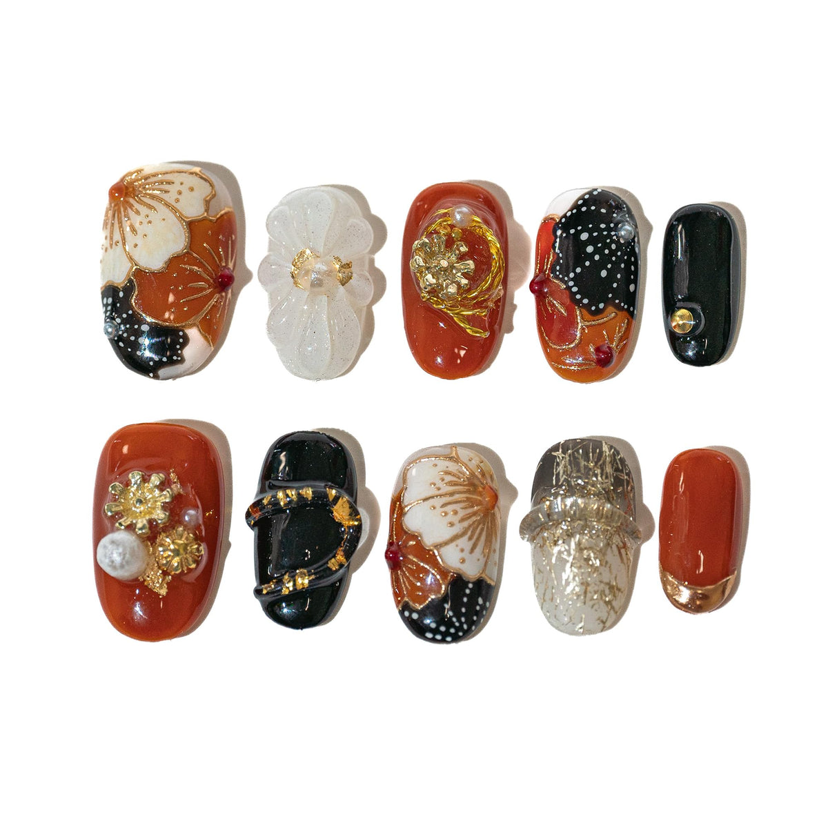 Sun&Beam Nails Handmade Press-on Short Round Red Black Gold Flower 3D Hand-Painted Design Fashion False Nail Tips 10 Pcs Set (#216 L)