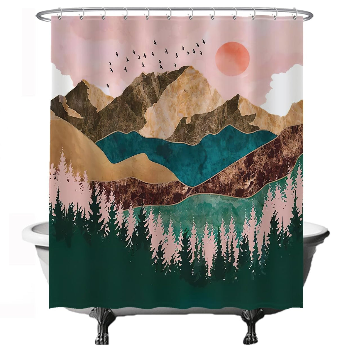 Ulticool Shower Curtain - Natural Sun Mountains Bohemian - 180 x 200 cm - Washable - Waterproof - with 12 Rings