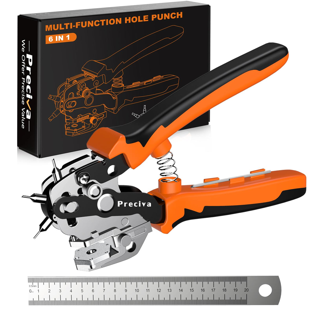 Leather Hole Puncher, Preciva Revolving Belt Punching Tool, Adjustable Heavy Duty Belts Punchers Plier with 6 Holes, Ruler (V-Shape Hole Punch)