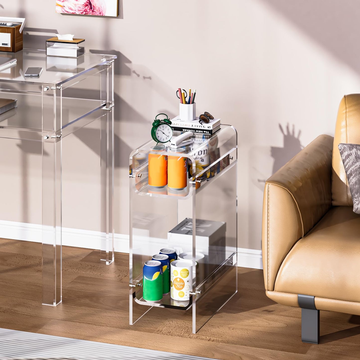 Dewrhiixe Clear Acrylic Side Table Narrow, Slim End Table for Small Spaces, Skinny Nightstand Bedside Table for Bedroom, Living Room, Office