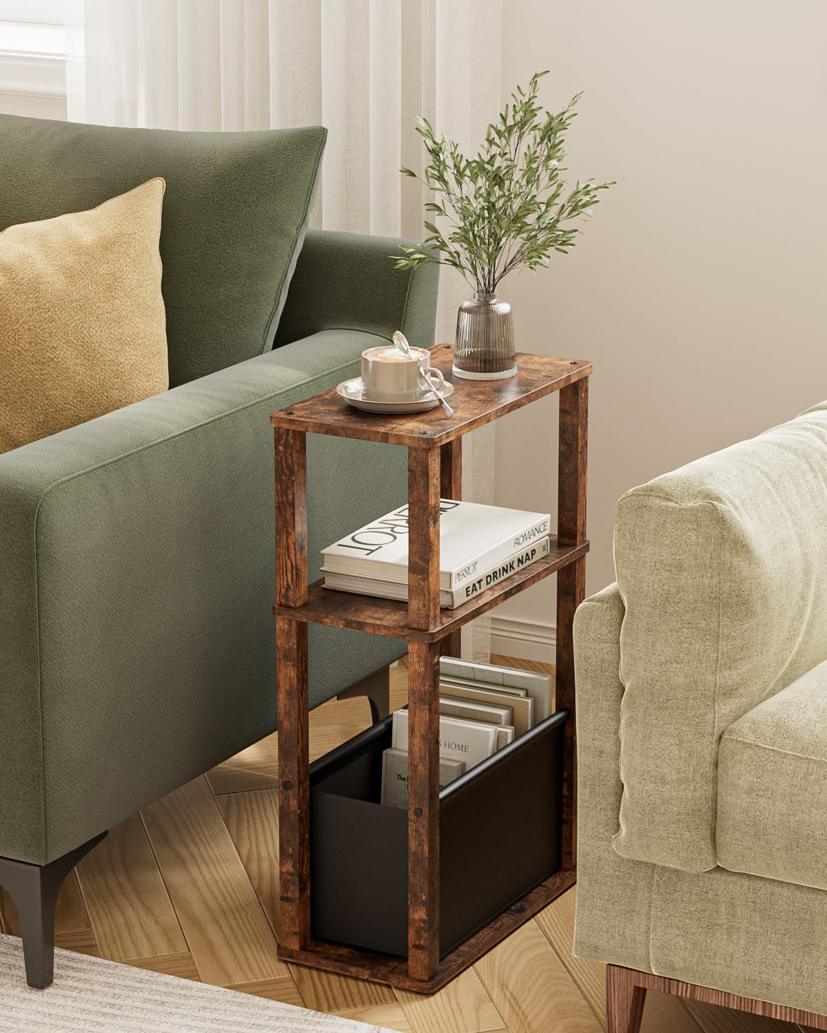 Apetaccat Narrow Side Table for Small Spaces, Slim End Table with Storage Basket, Small Bedside Table for Bedroom