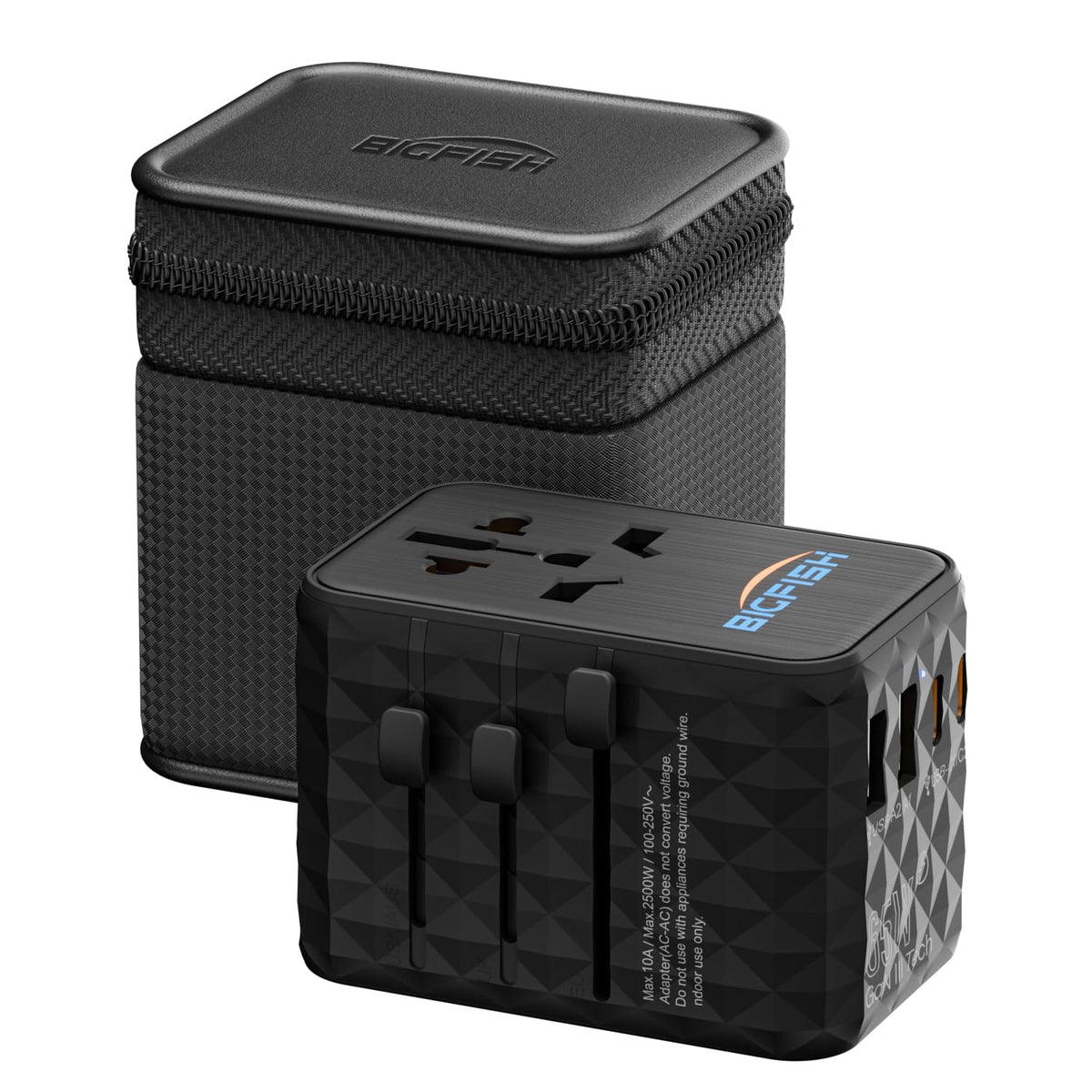 Bigfish Universal Travel Adapter WorldWide with 65W USB C PD Fast Charging, featuring 4USB(2A+2C) ports, and Dual 10A Fuses,All-in-One international