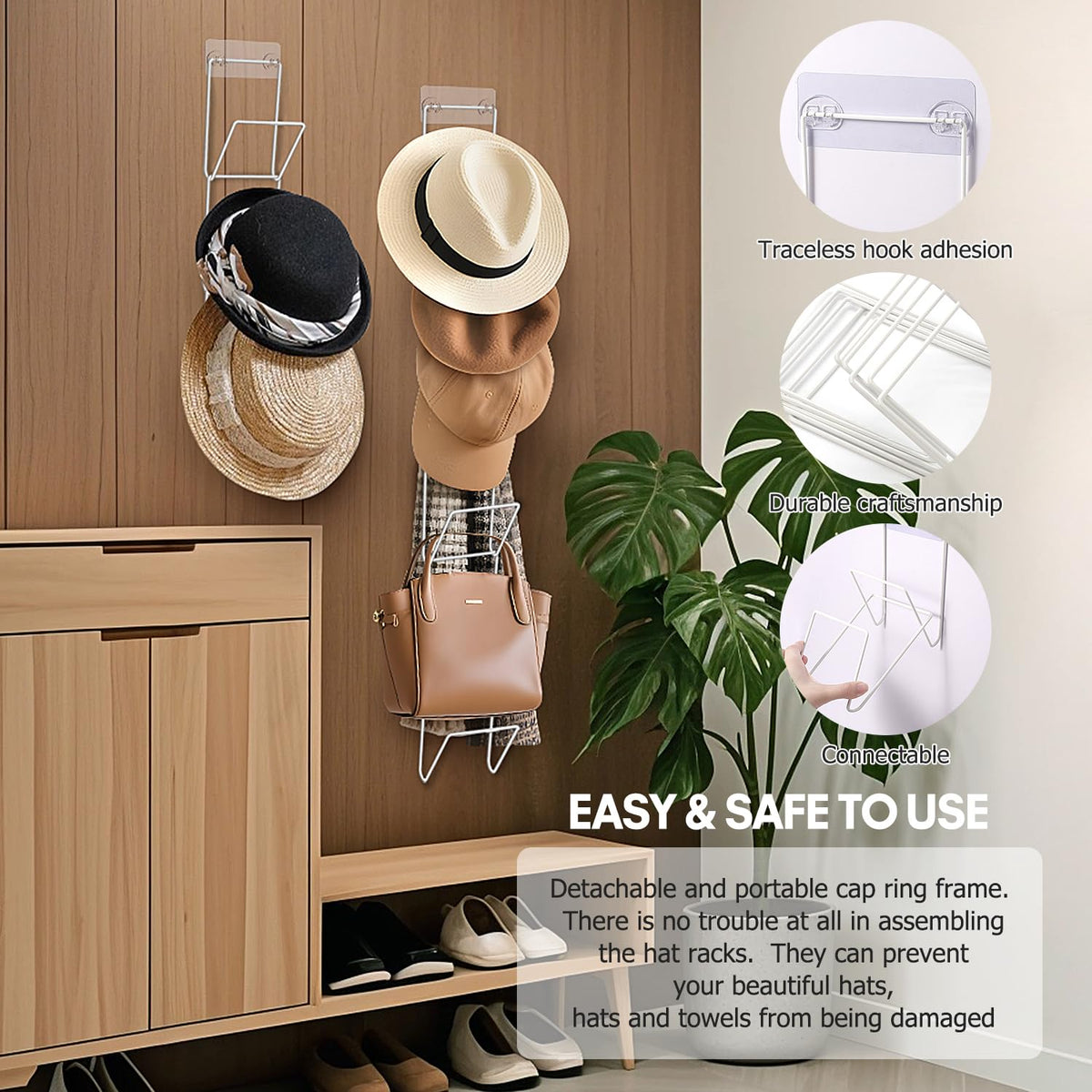 Jcocylse Set of 12 Cap Holders with 2 Hooks - Cap Holder Wall for Baseball Caps, Scarves & Wigs - Multifunctional for Door, Cupboard & Wall